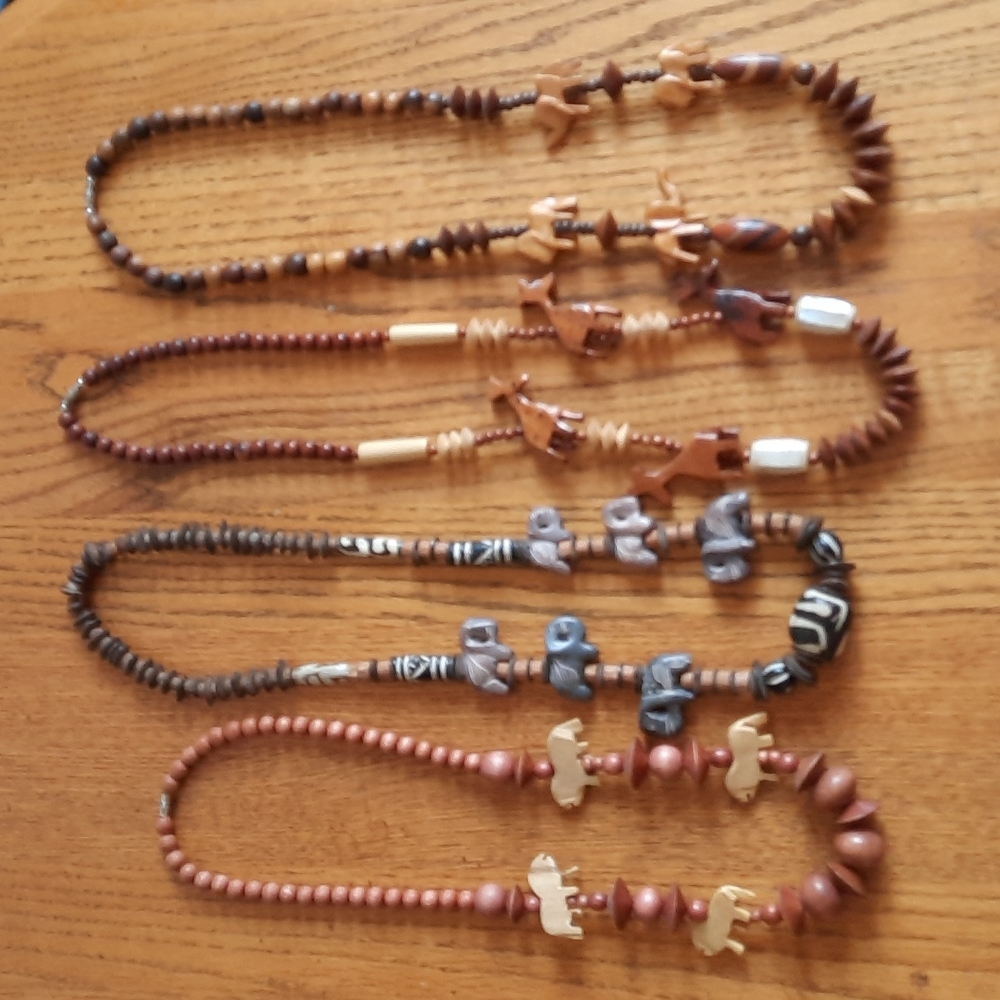 4 TRIBAL/AFRICAN CARVED WOOD & STONE NECKLACES
